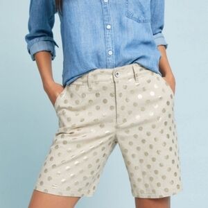 Anthropologie Cream Linen Gold Polkadot Bermuda Shorts 30